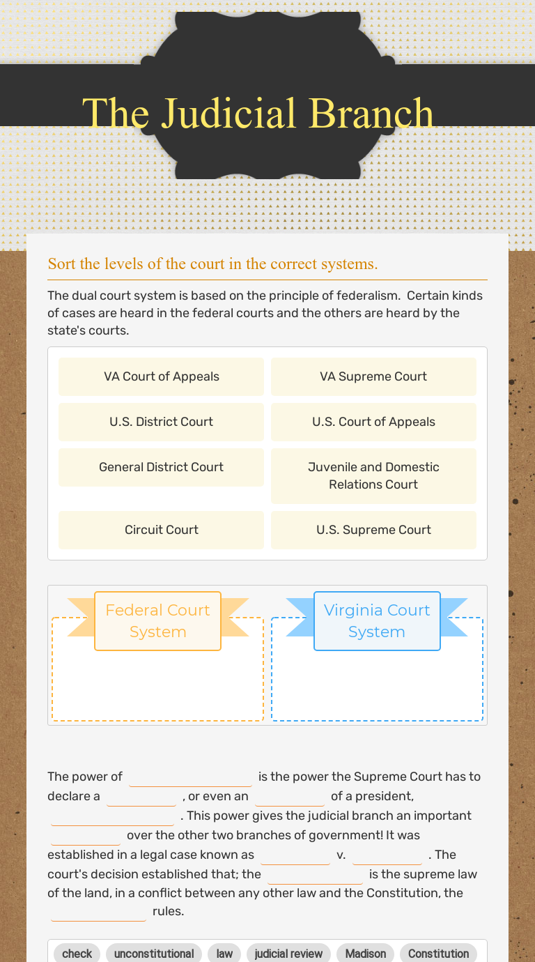 The Judicial Branch Interactive Worksheet By Danielle Koehler Wizer Me