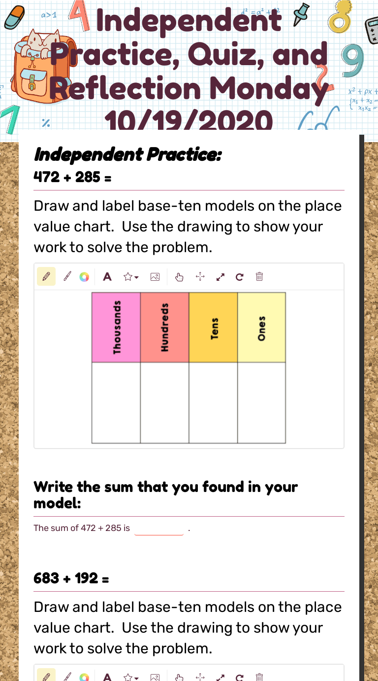 Independent Practice, Quiz, and Reflection Monday 10/19/2020 Grade 3 worksheet preview