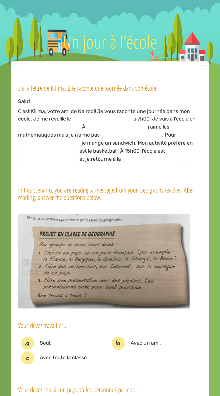 Un Jour A L Ecole Interactive Worksheet By Lisa Garon Wizer Me