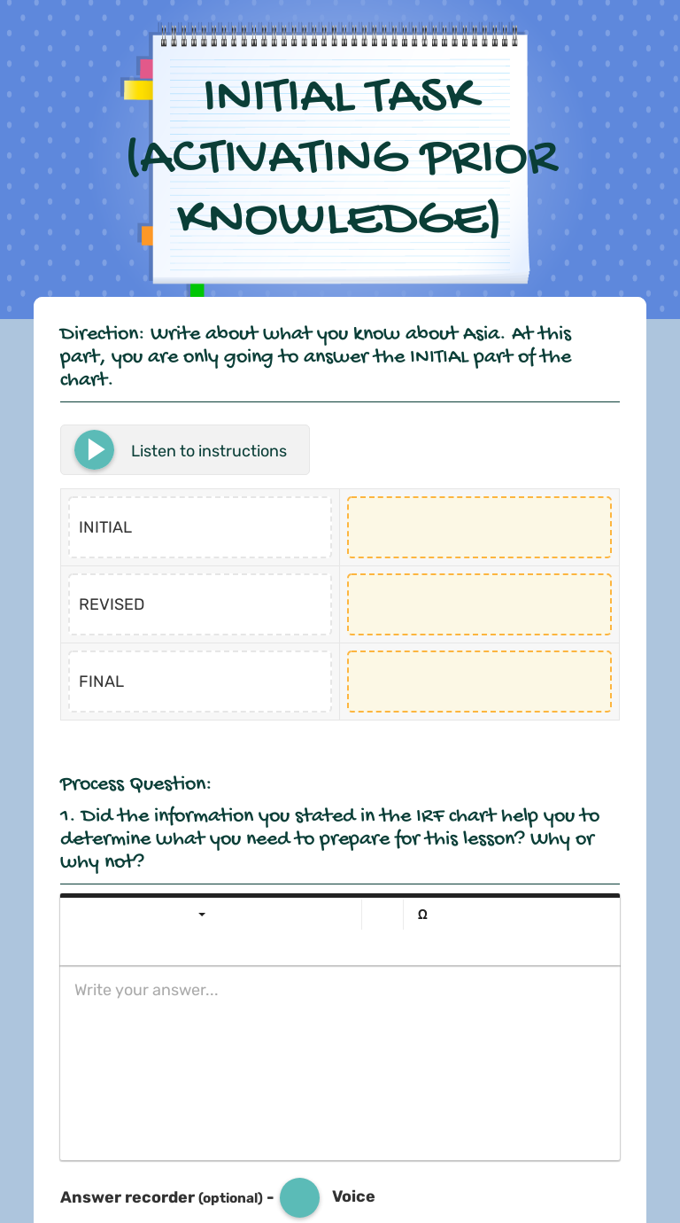 INITIAL TASK (ACTIVATING PRIOR KNOWLEDGE) worksheet preview image