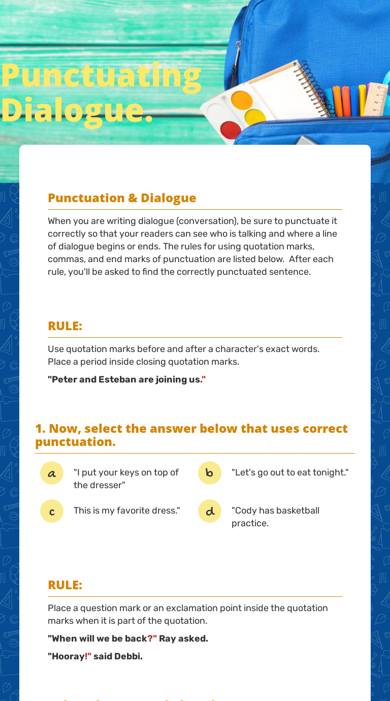 Punctuating Dialogue. | Interactive Worksheet By Elena Check | Wizer.me