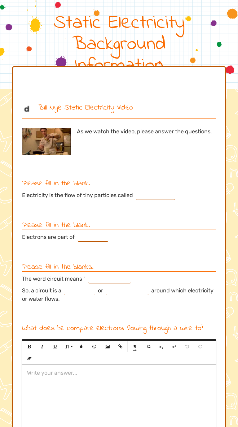 Static Electricity Background Information  Interactive Worksheet With Bill Nye Electricity Worksheet