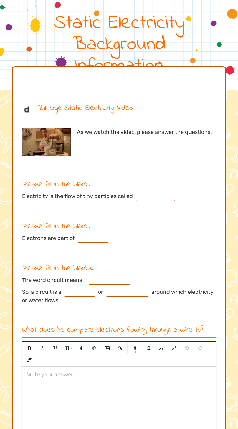 Static Electricity Background Information  Interactive Worksheet Inside Bill Nye Electricity Worksheet