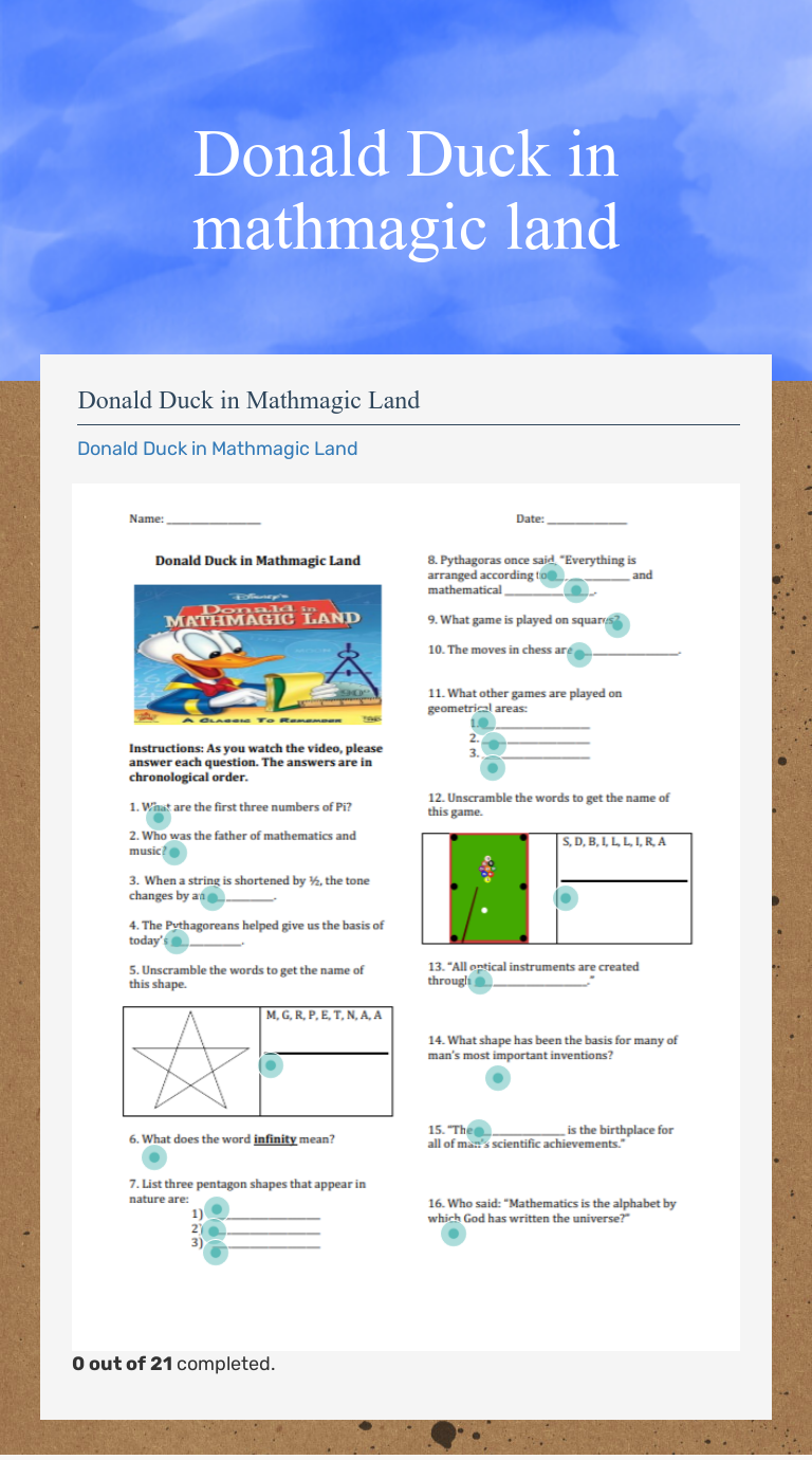 Donald Duck In Mathmagic Land | Interactive Worksheet By Kimberly Cobb | Wizer.me