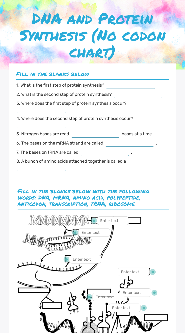 Dna And Protein Synthesis No Codon Chart Interactive Worksheet By Kelly Dillman Wizer Me