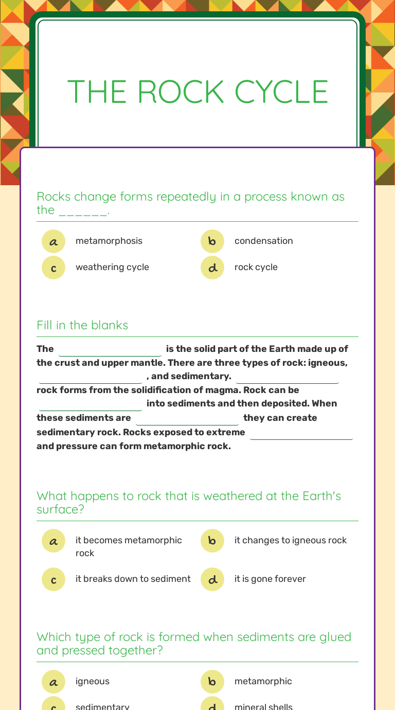 The Rock Cycle | Interactive Worksheet by Brandon Dillman | Wizer.me