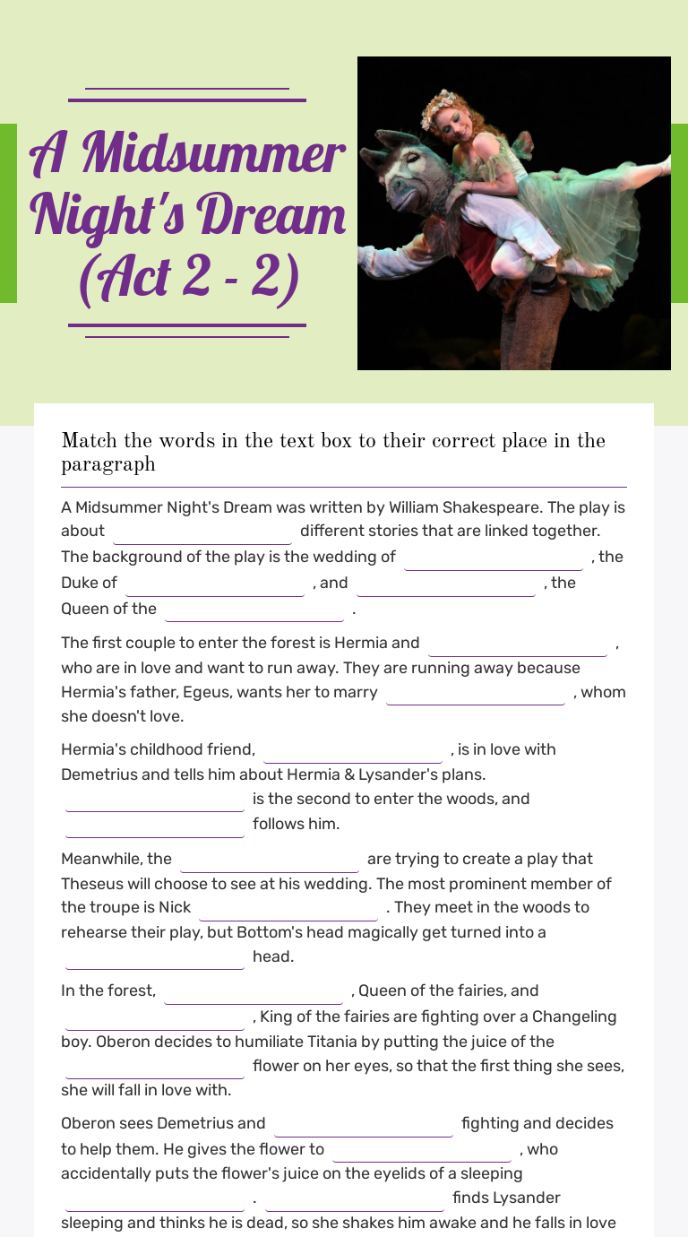 A Midsummer Night's Dream (Act 2 - 2) worksheet preview
