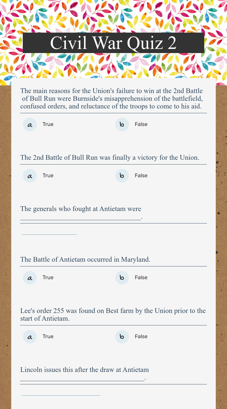 Civil War Quiz 2 Interactive Worksheet By Antoinette Dirda Wizer Me