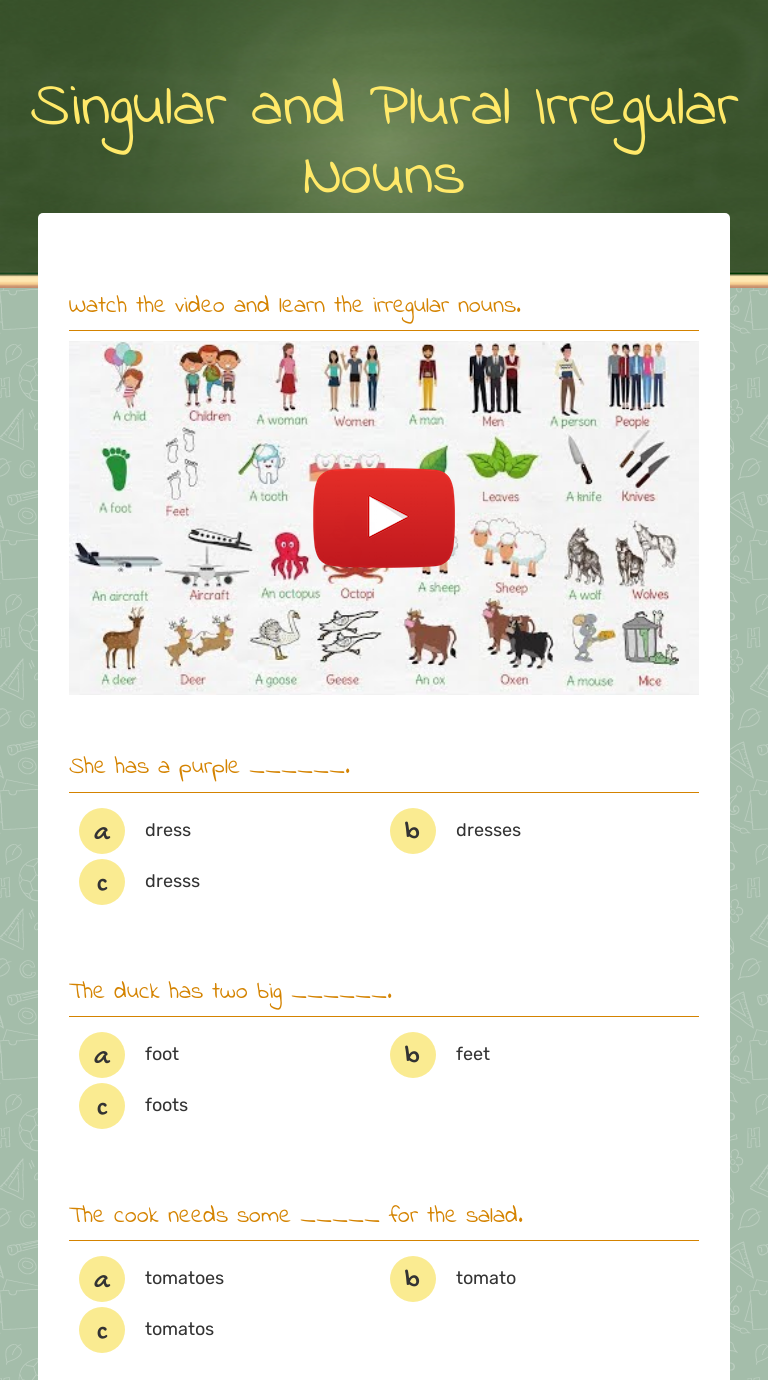 Singular and Plural Irregular Nouns Grade 4 worksheet preview