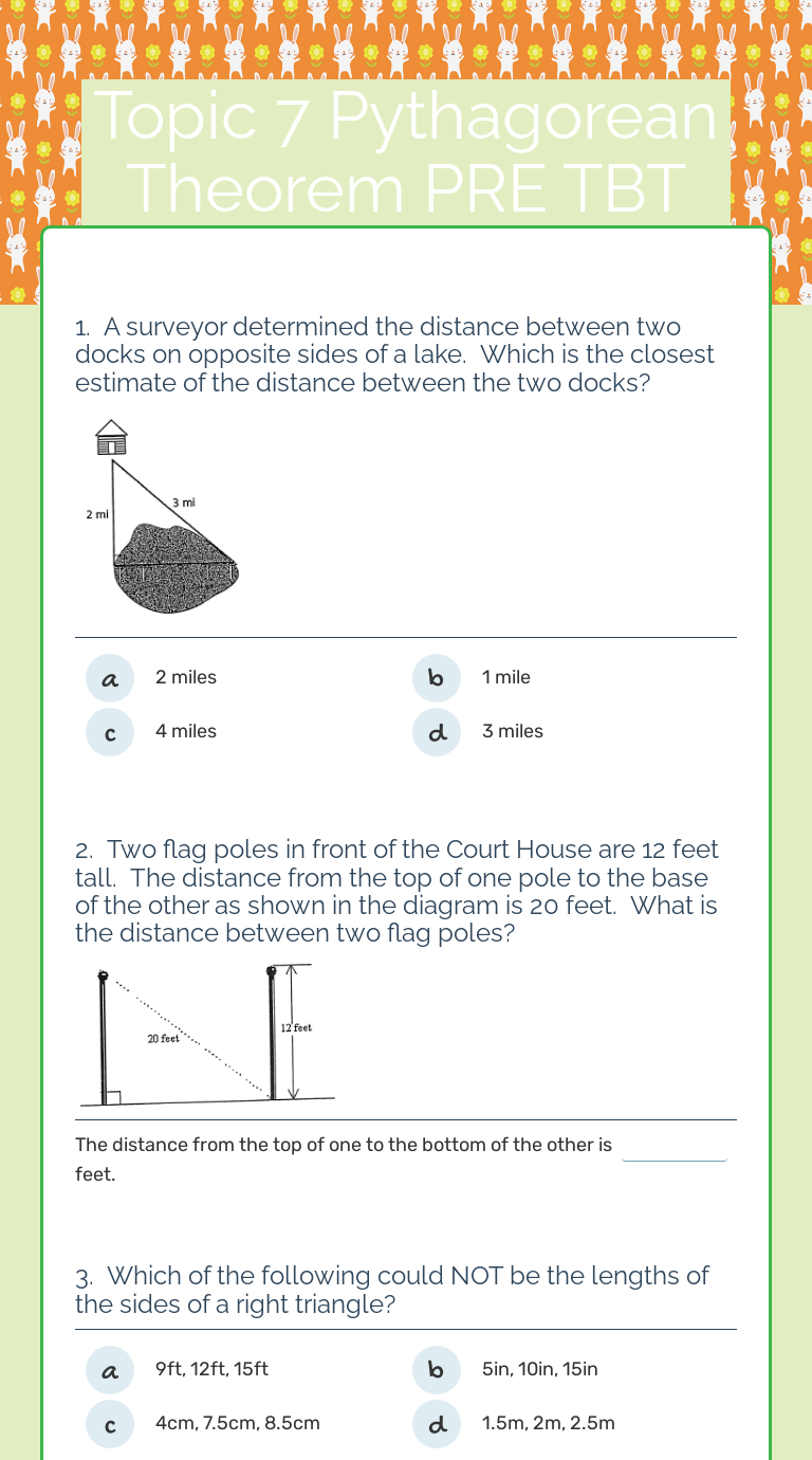 Topic 7 Pythagorean Theorem PRE TBT Grade 8 worksheet preview