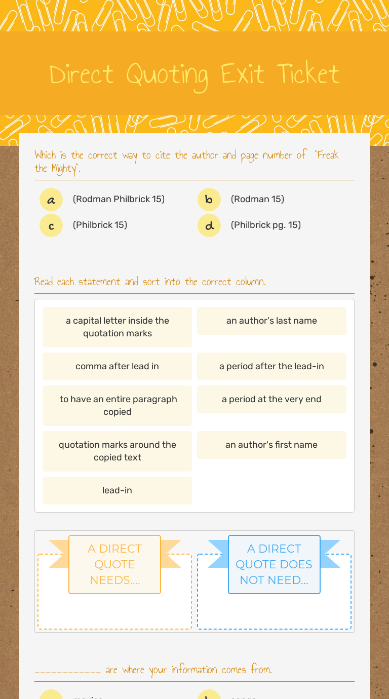 Direct Quoting Exit Ticket Grade 6 worksheet preview