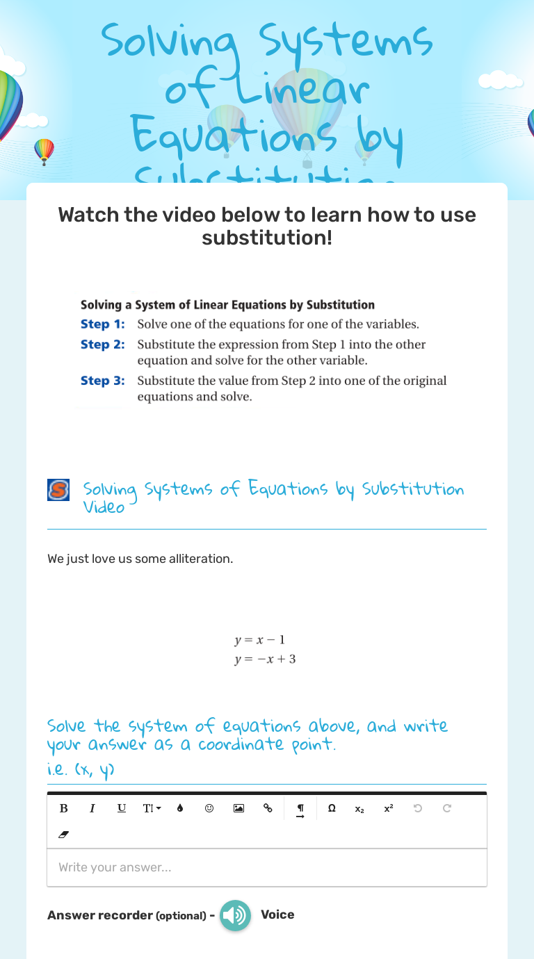 Solving Systems of Linear Equations by Substitution Interactive Worksheet by Emily Shrader