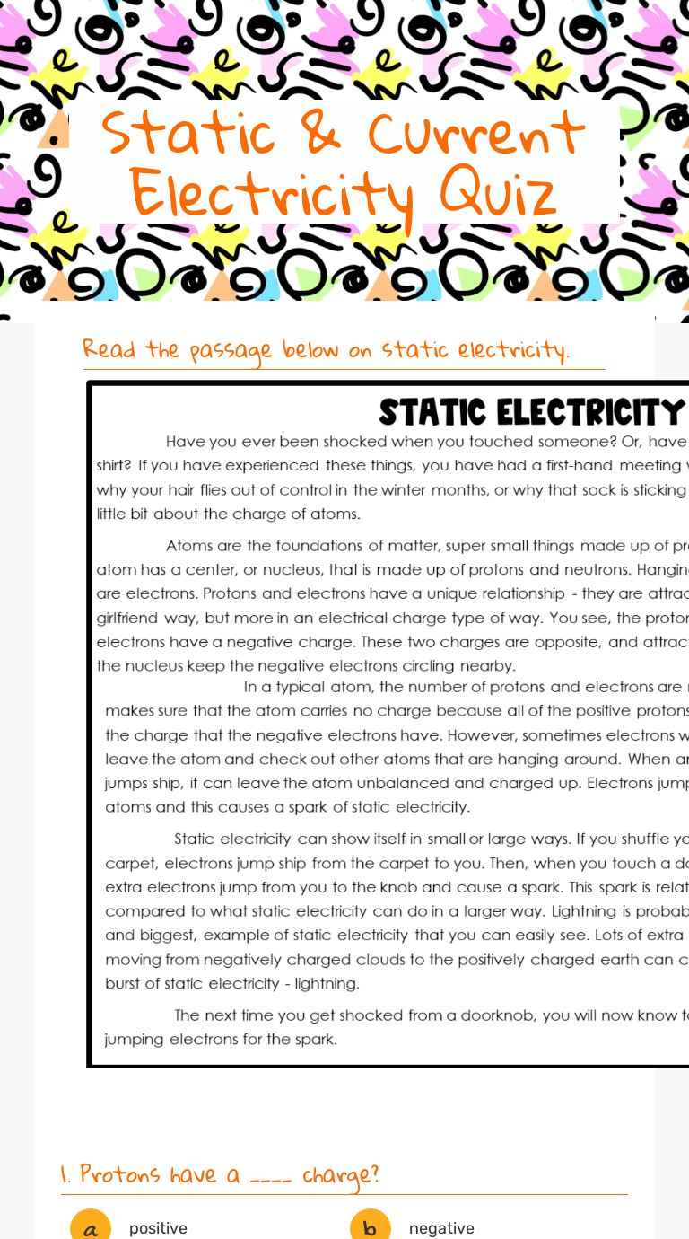 Static & Current Electricity Quiz Interactive Worksheet by Gregory Singleton Wizer.me