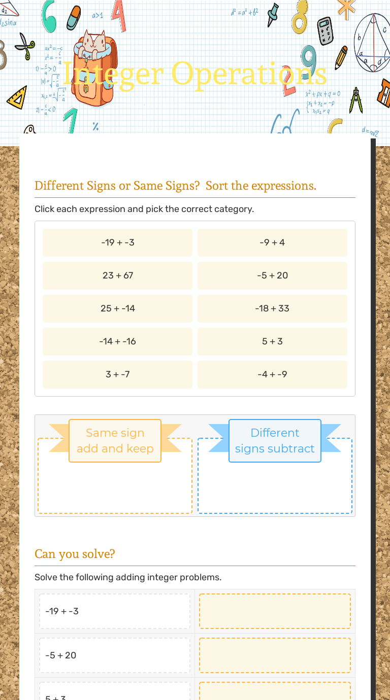 Integer operations interactive worksheet by samantha wheeler wizer me