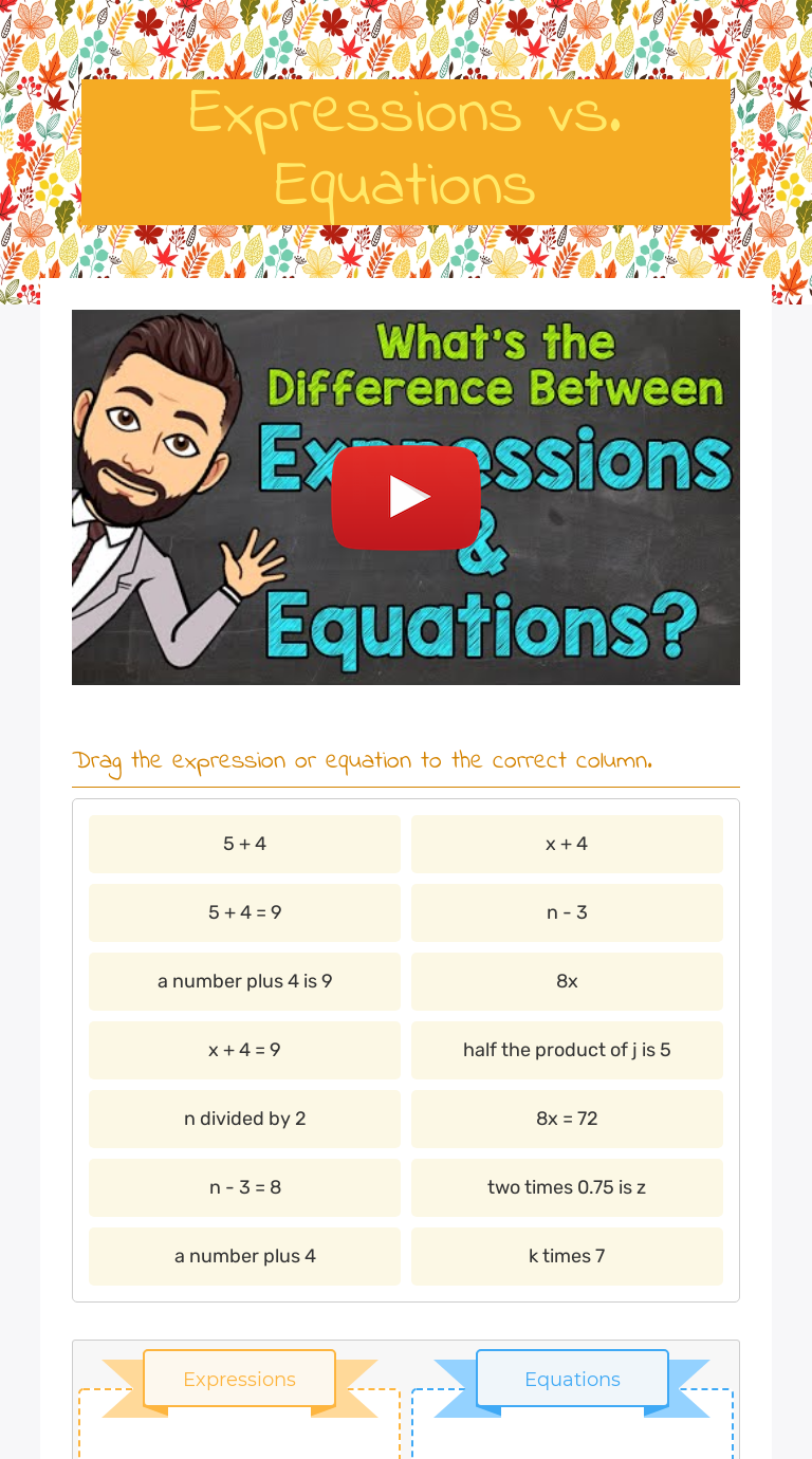 Expressions vs. Equations worksheet preview image