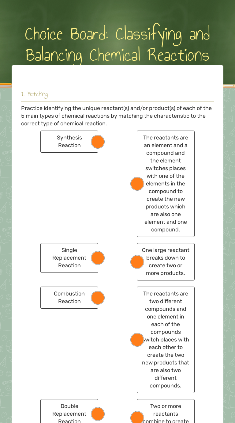 Choice Board: Classifying and Balancing Chemical Reactions In Classifying Chemical Reactions Worksheet Answers