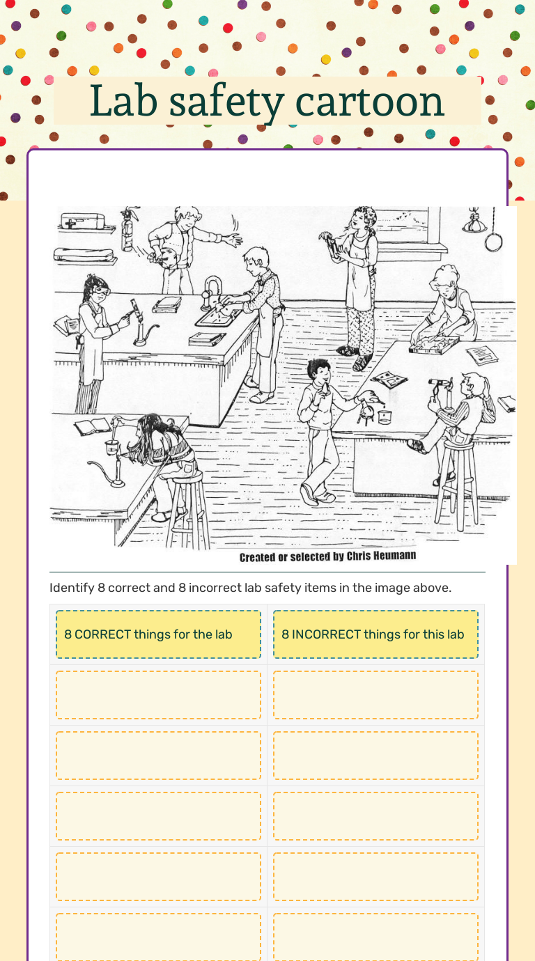 Lab safety cartoon  Interactive Worksheet by Elizabeth Tyree Inside Lab Safety Worksheet Answers