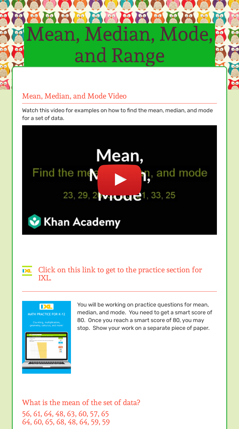 Mean, Median, Mode, and Range worksheet preview image