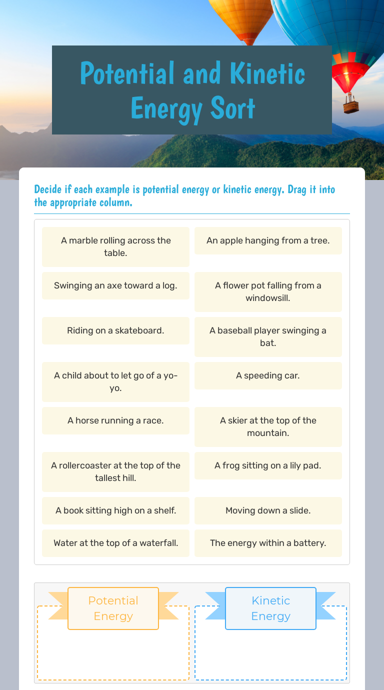 Potential and Kinetic Energy Sort | Interactive Worksheet by Liza ...