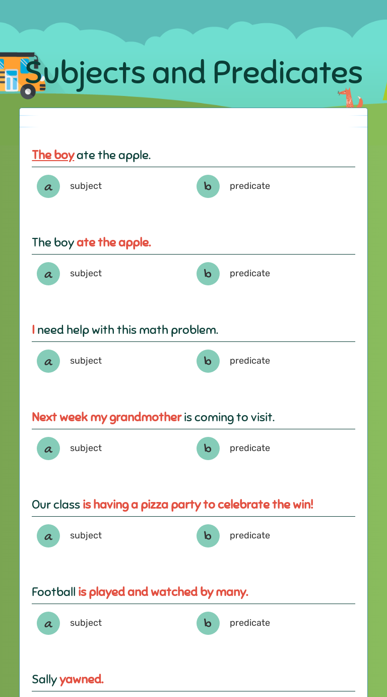 Subjects And Predicates | Interactive Worksheet By Jessica Neill | Wizer.me