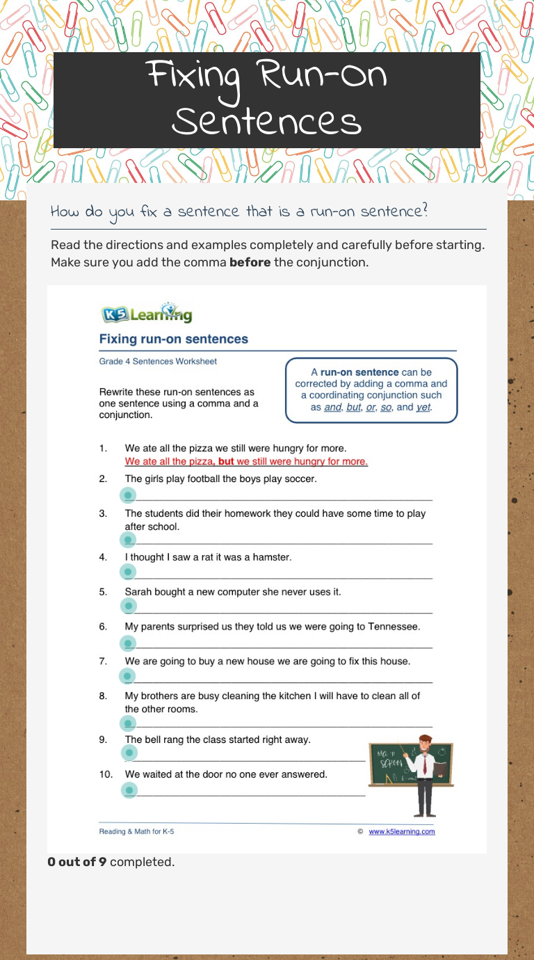 Fixing Run-On Sentences worksheet preview image