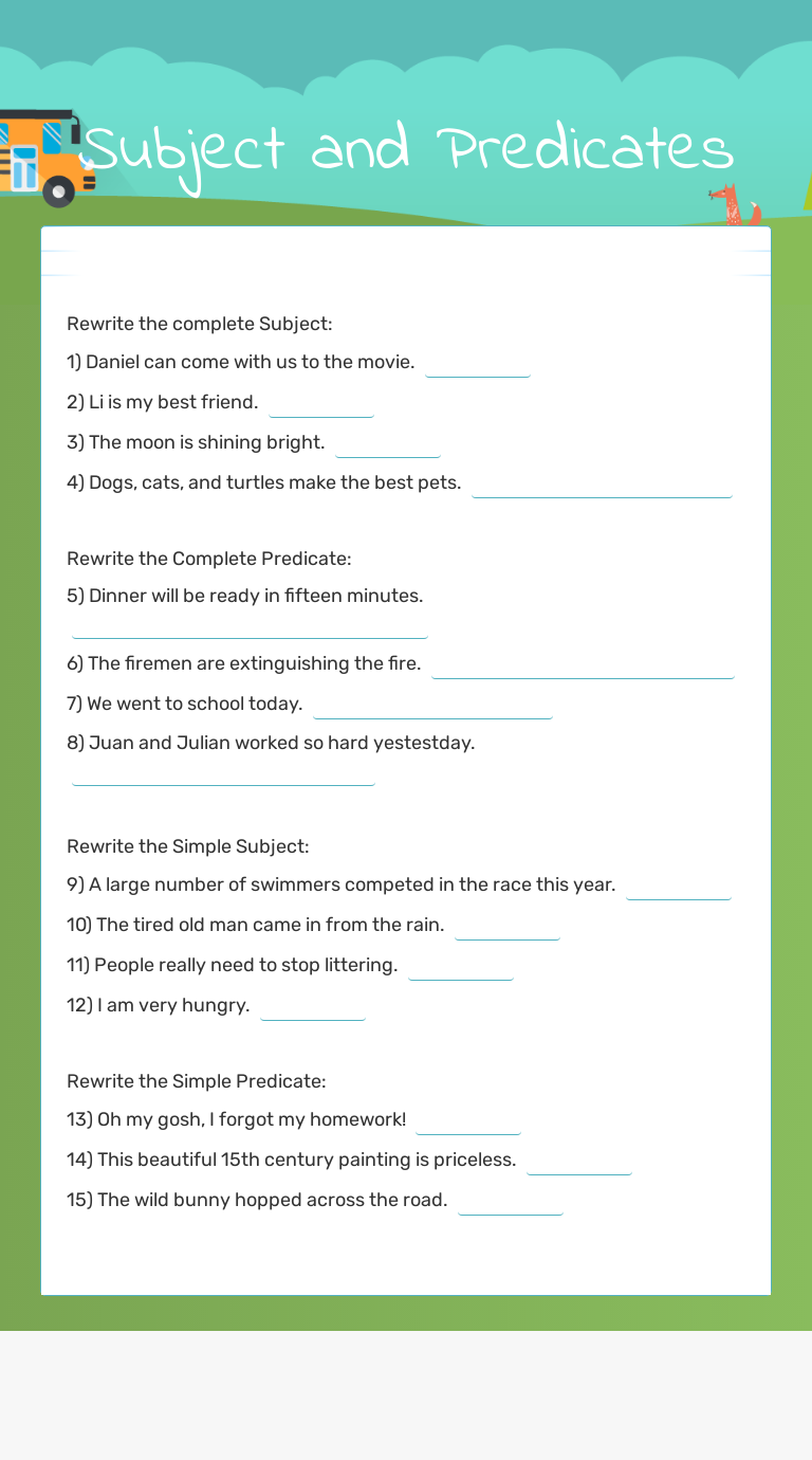 Subject and Predicates Interactive Worksheet by Jessica Betts Wizer.me