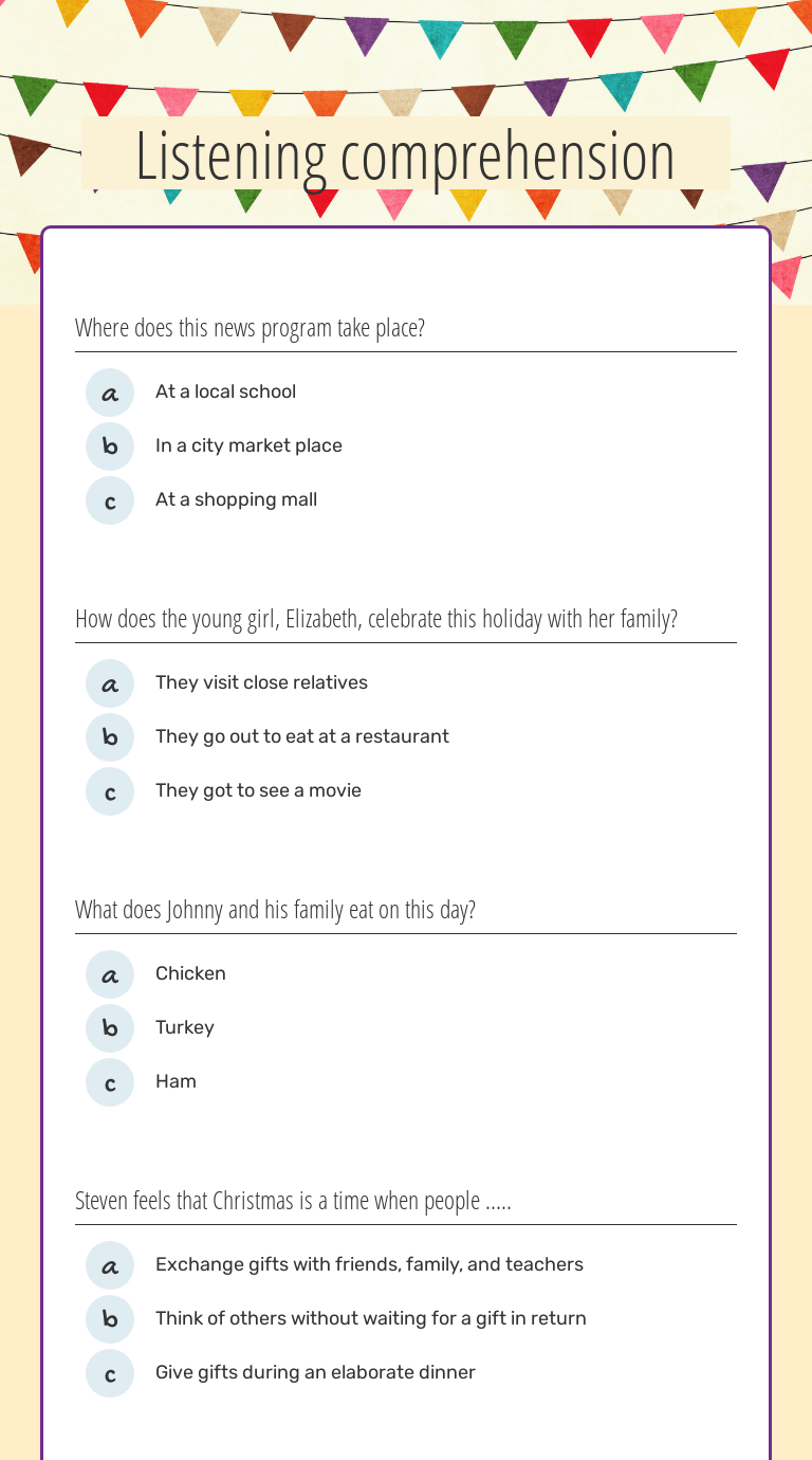 Listening Comprehension | Interactive Worksheet By Helli Salminn | Wizer.me