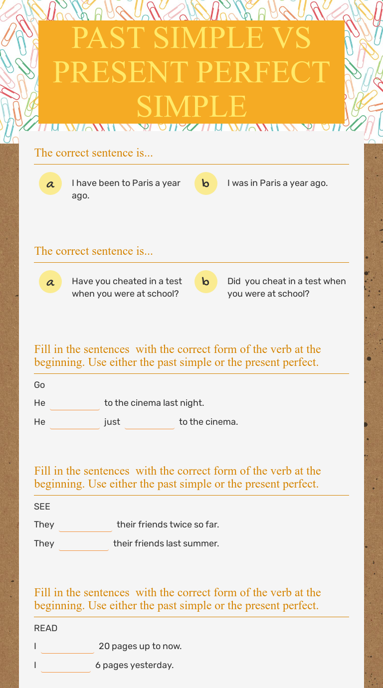 PAST SIMPLE VS PRESENT PERFECT SIMPLE worksheet preview image