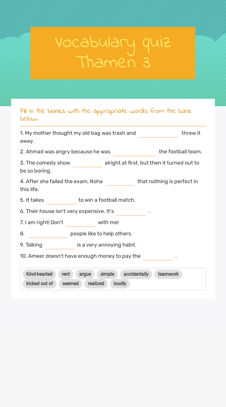 Vocabulary quiz  Thamen 3 worksheet preview image