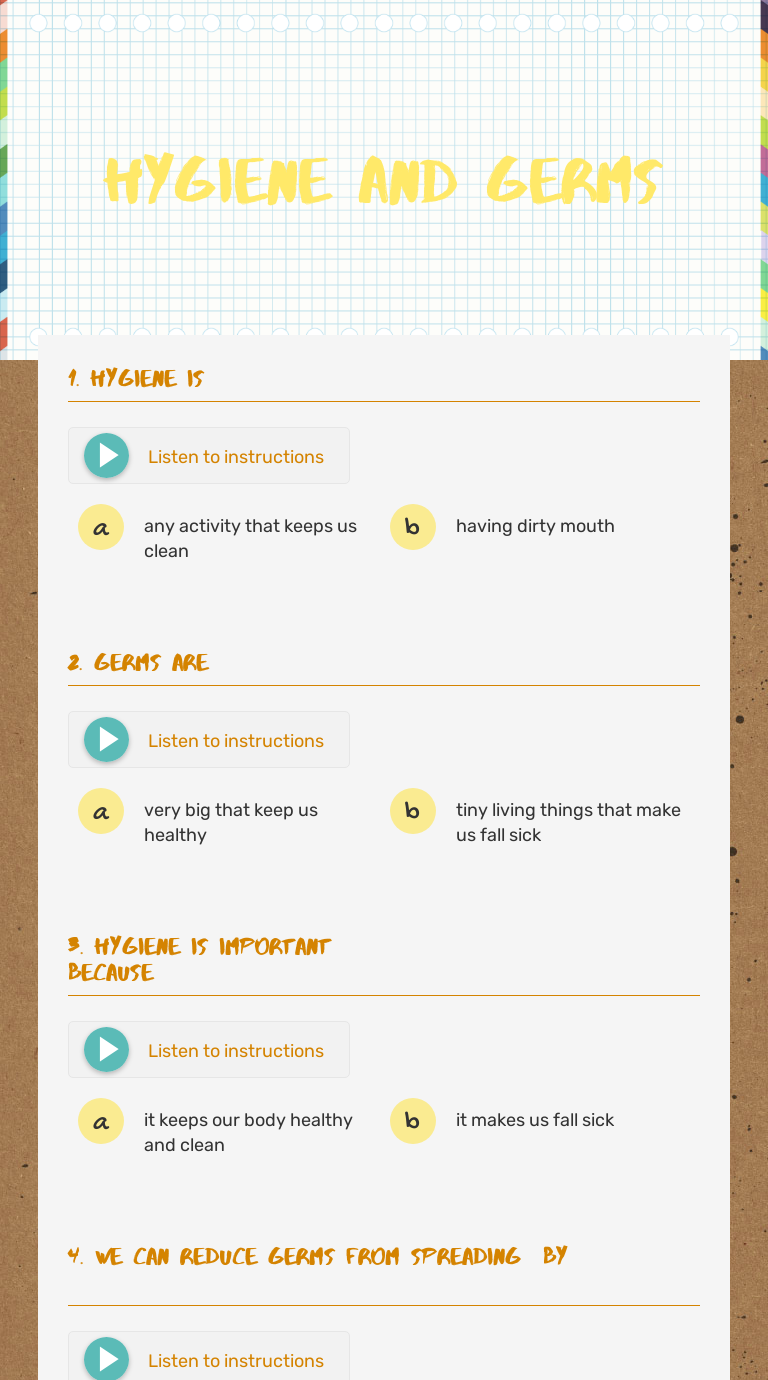 HYGIENE AND GERMS worksheet preview image
