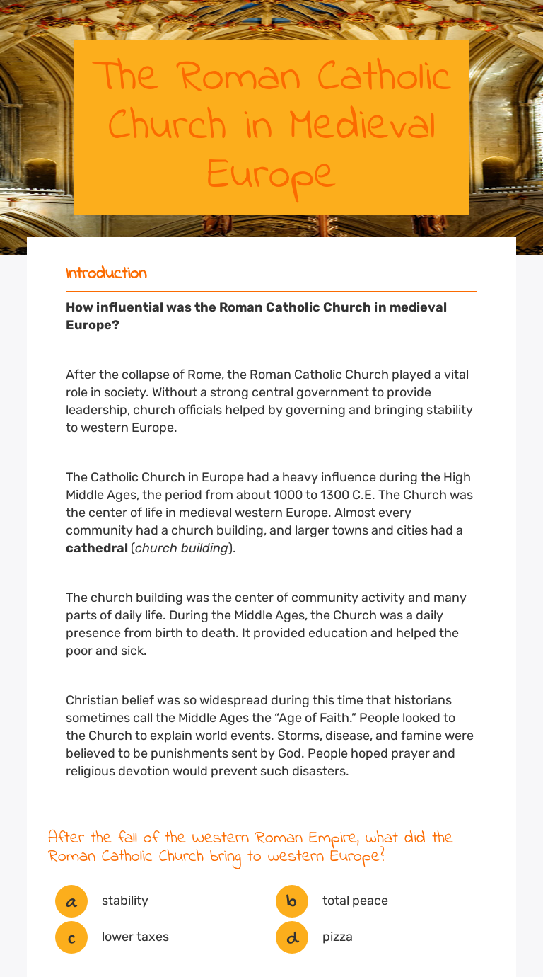 The Roman Catholic Church in Medieval Europe worksheet preview image