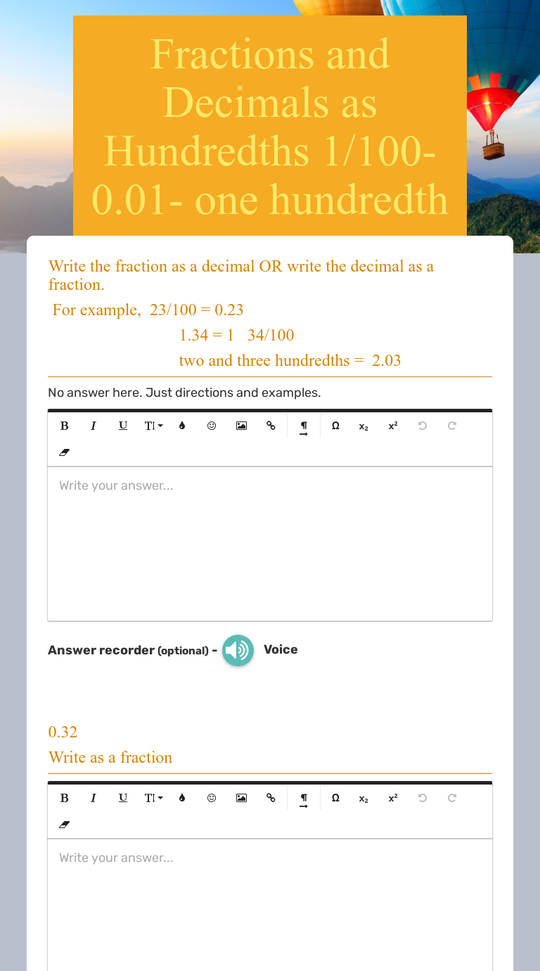 Fractions And Decimals As Hundredths 1 100 0 01 One Hundredth Interactive Worksheet By Susan Catanzariti Wizer Me