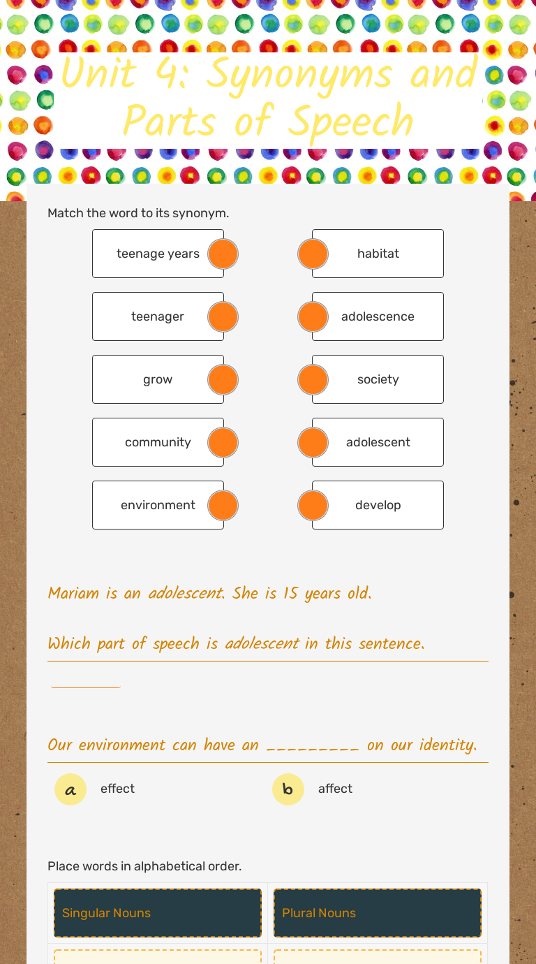 Unit 4 Synonyms and Parts of Speech Interactive Worksheet by LaAisha