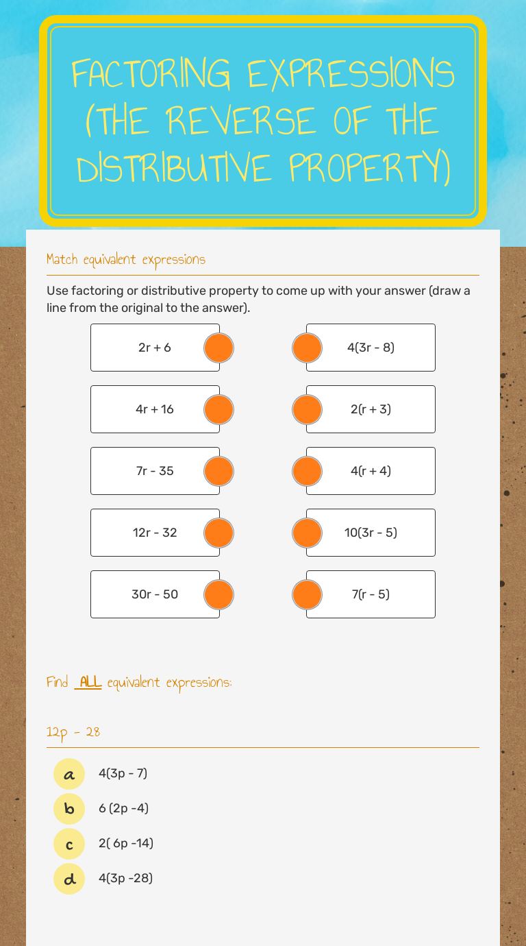 Factoring Expressions (The Reverse of the Distributive Property Inside Factoring Distributive Property Worksheet