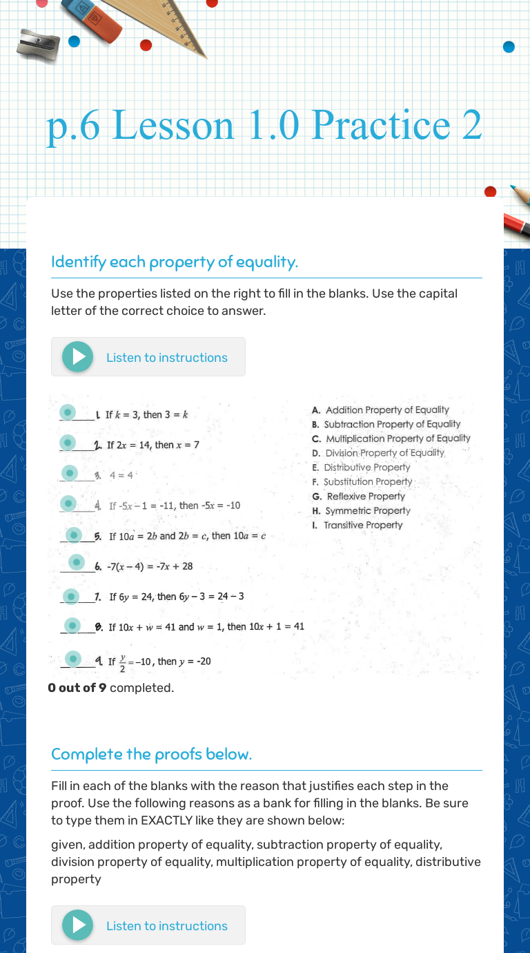 p.244 Lesson 244.244 Practice 24  Interactive Worksheet by Alex Couch For Properties Of Equality Worksheet