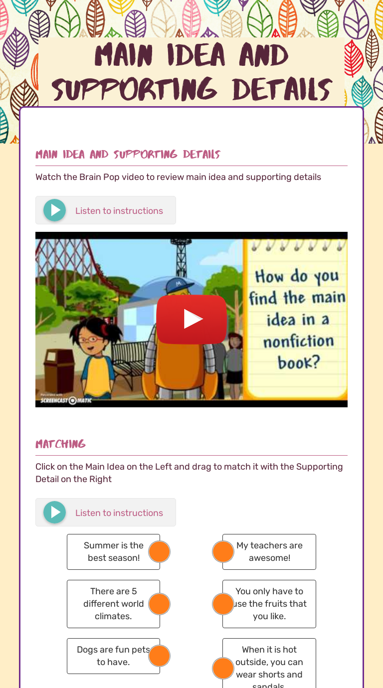 Main Idea and Supporting Details worksheet preview image