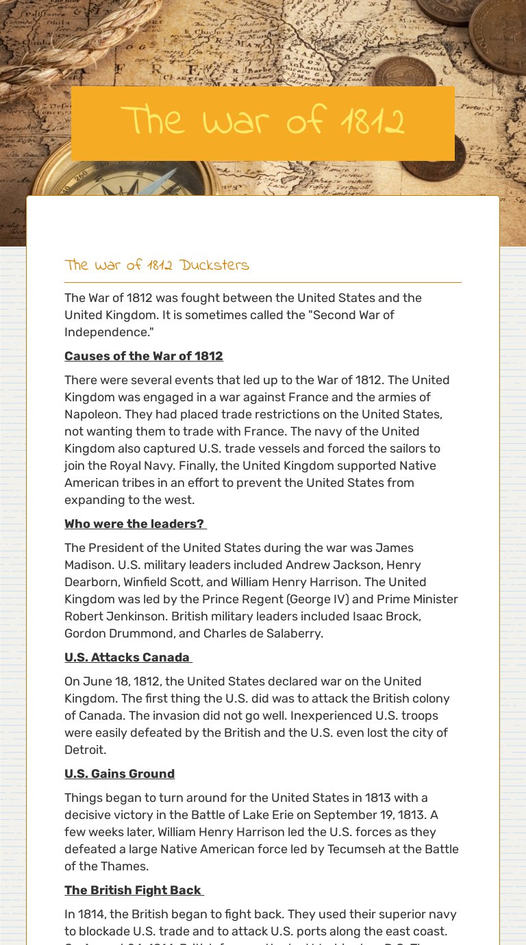 The War of 1812 Grade 5 worksheet preview