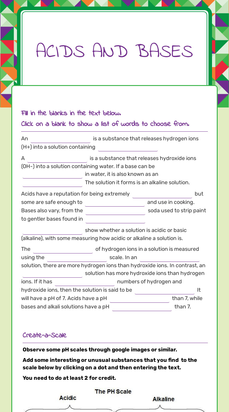 Acids and Bases  Interactive Worksheet by Kimette Witt  Wizer.me Pertaining To Acid And Bases Worksheet Answers