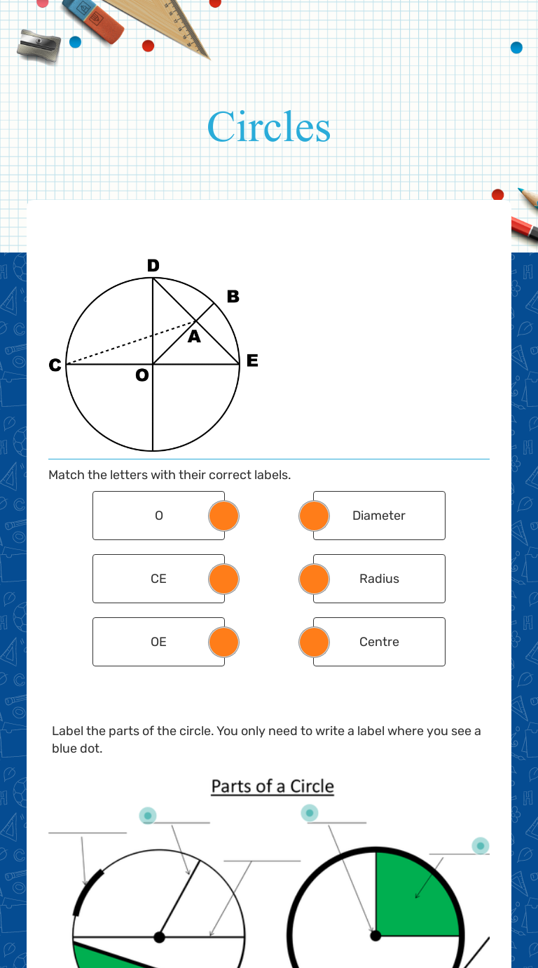 Circles  Interactive Worksheet by Melinda Zielonka  Wizer.me For Parts Of A Circle Worksheet