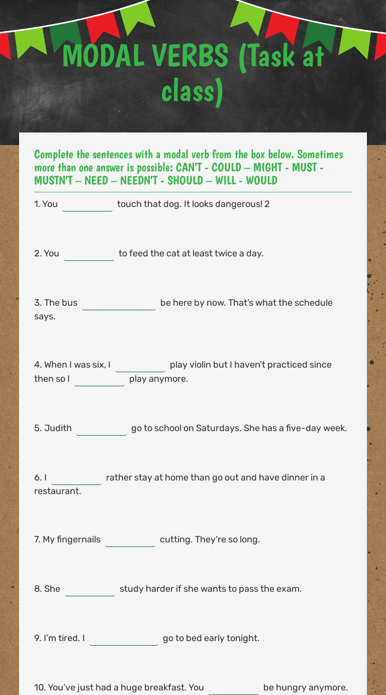 modal verbs task at class interactive worksheet by thuong nguyen wizer me