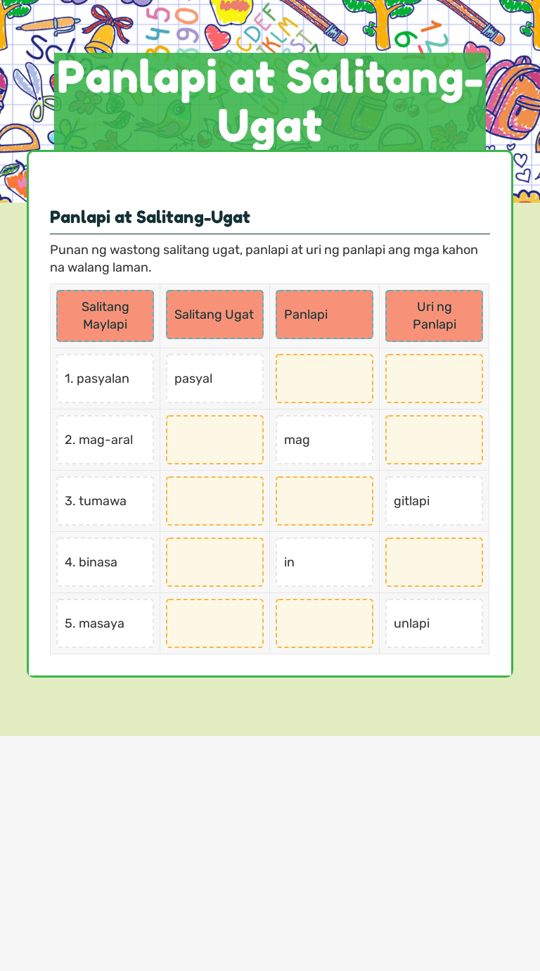 Panlapi at Salitang-Ugat worksheet