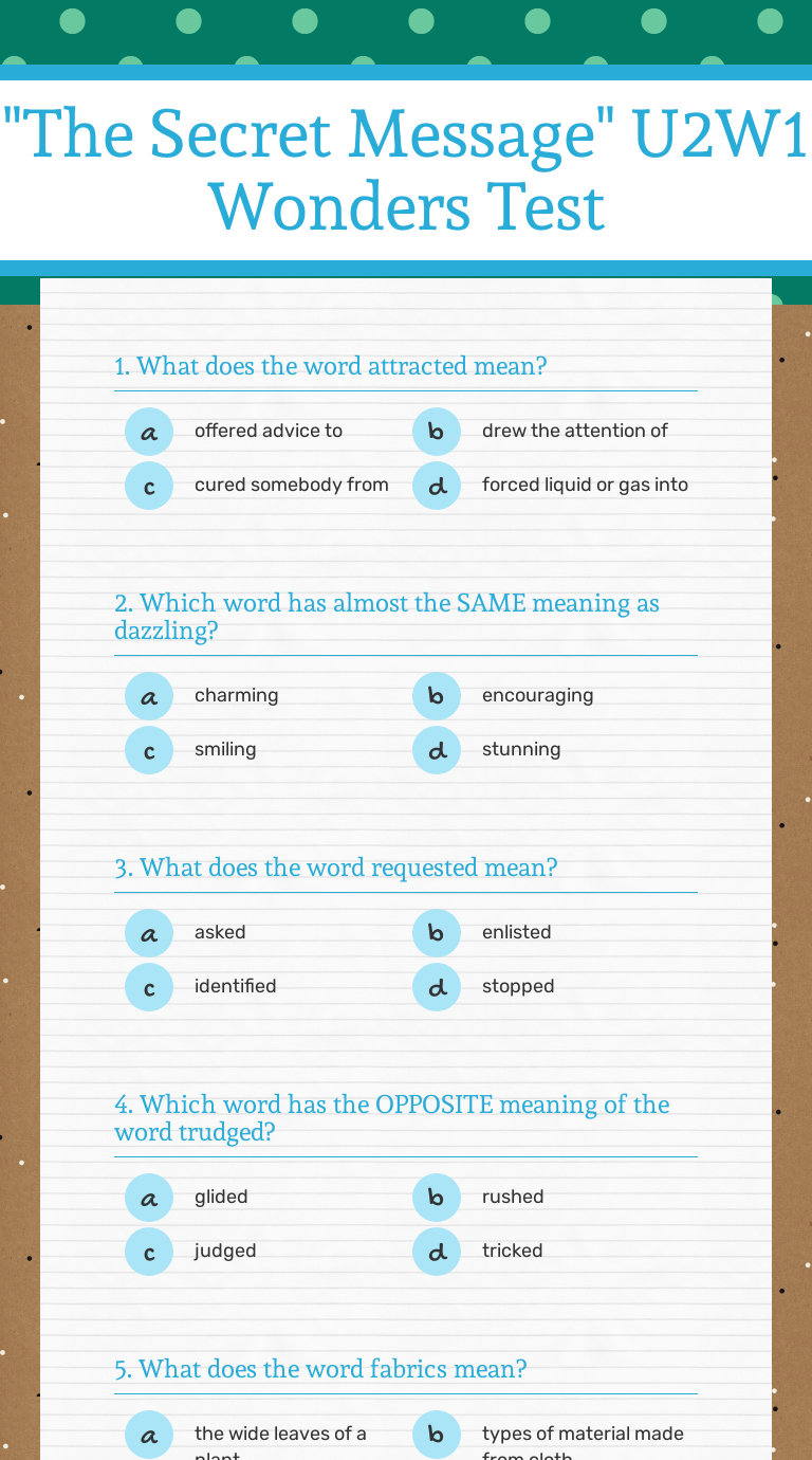 The Secret Message U2w1 Wonders Test Interactive Worksheet By Skylar Johnson Wizer Me