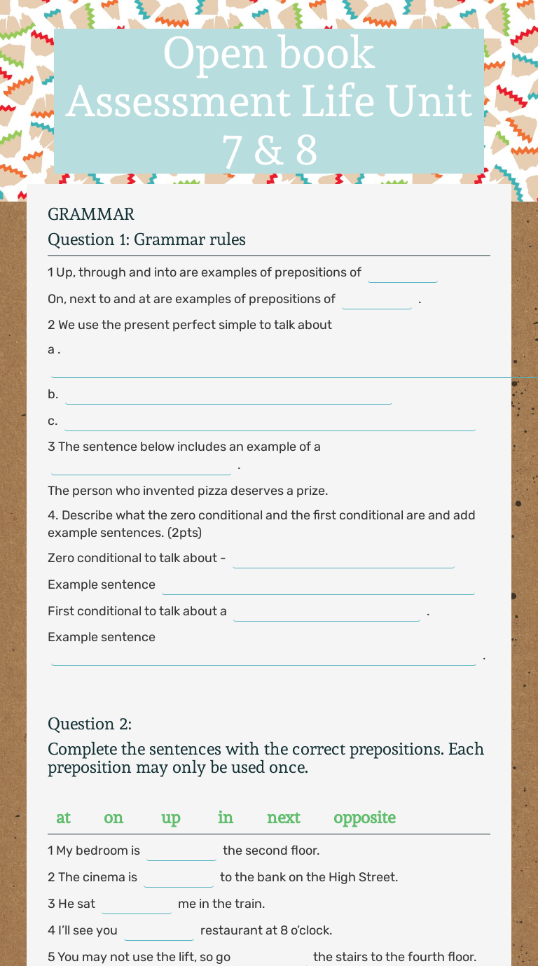 Open Book Assessment Life Unit 7 8 Interactive Worksheet By Z K 