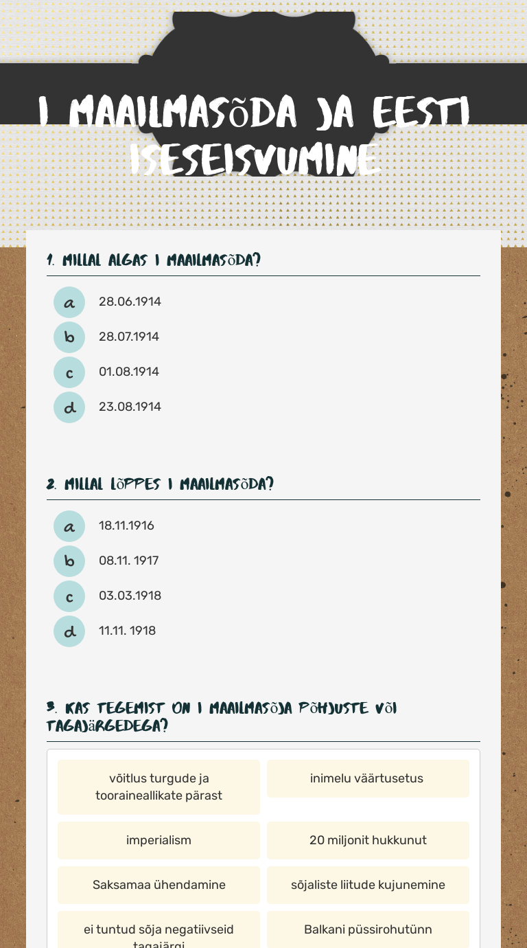 I maailmasõda ja Eesti iseseisvumine worksheet preview image