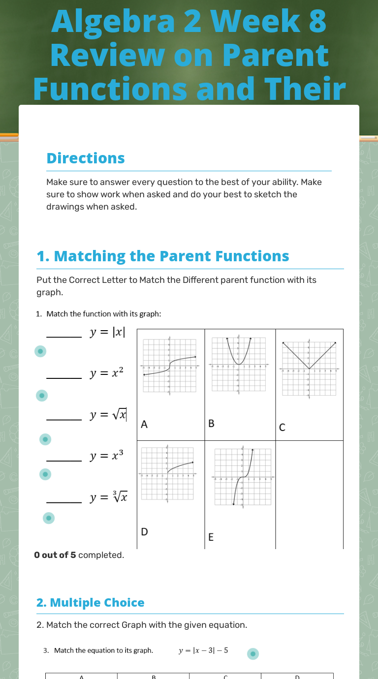 Algebra 22 Week 22 Review on Parent Functions and Their Movements Within Parent Function Worksheet Answers