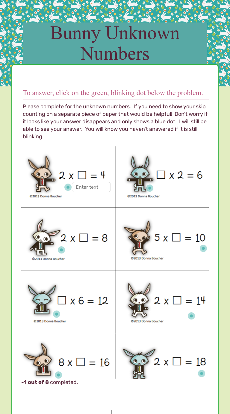 Bunny Unknown Numbers worksheet preview image
