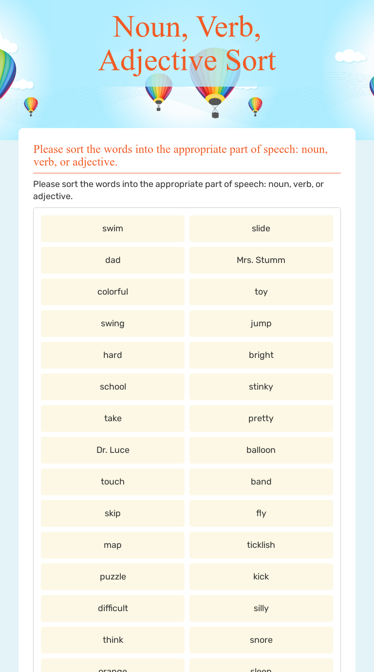 Noun, Verb, Adjective Sort | Interactive Worksheet By Katie McLaughlin ...