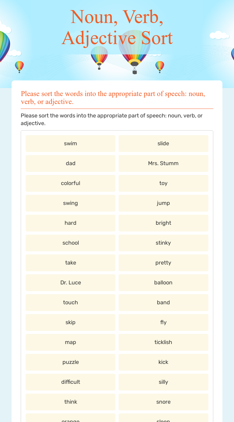 Noun Adjective Sort Worksheet