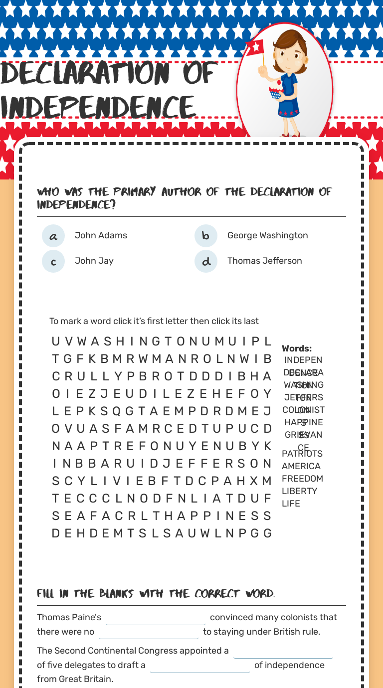 Declaration of Independence Grade 8 worksheet preview