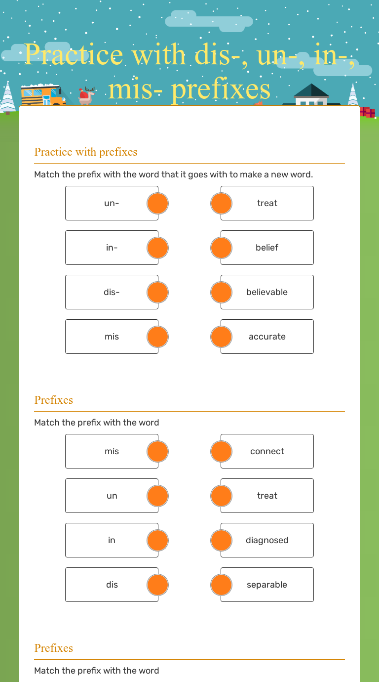 Practice with dis-, un-, in-, mis- prefixes | Interactive Worksheet by
